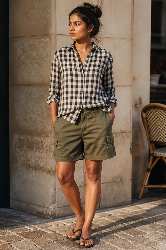 Black-and-cream check shirt with cuffed sleeves and olive cargo shorts