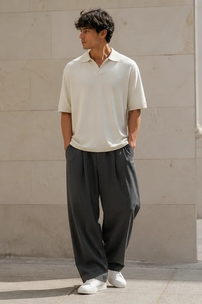 Cream oversized polo with charcoal baggy pants and white sneakers