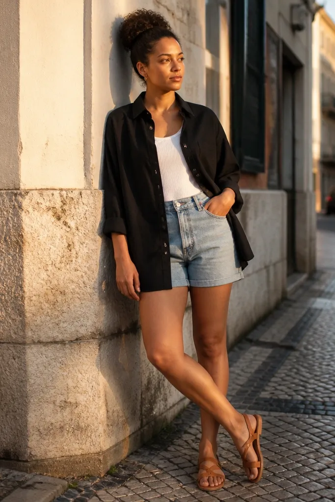 White tank under black oversized shirt with rolled sleeves and denim shorts