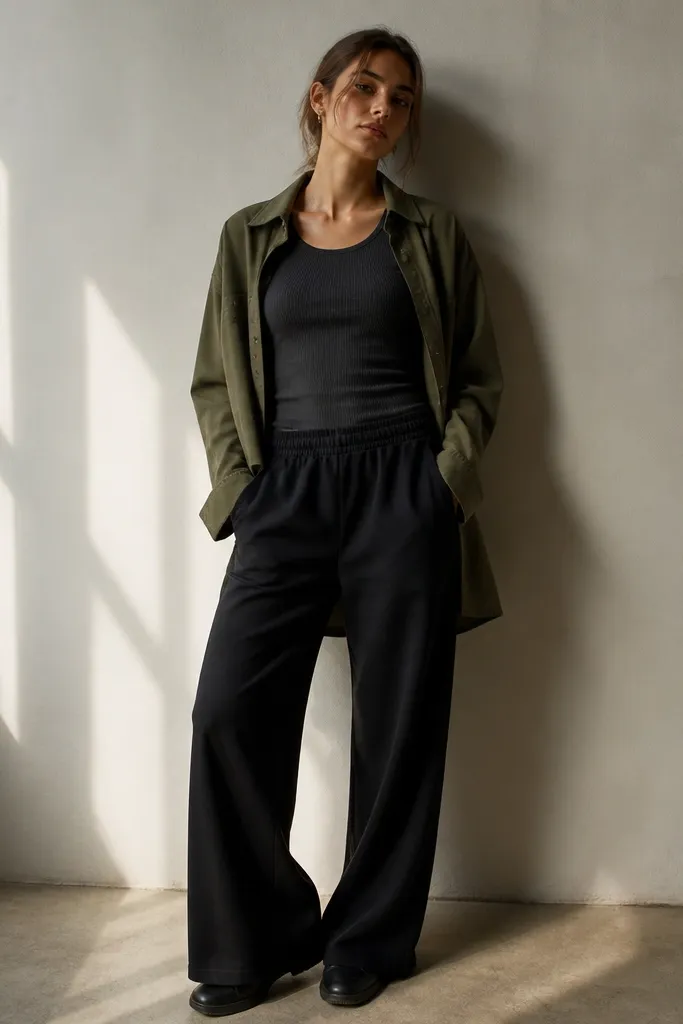 Charcoal ribbed tank with black wide-leg sweatpants and olive overshirt
