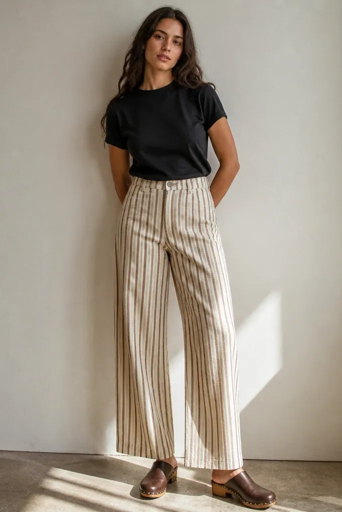 Cream-and-brown striped wide-leg pants with tucked black tee and brown clogs