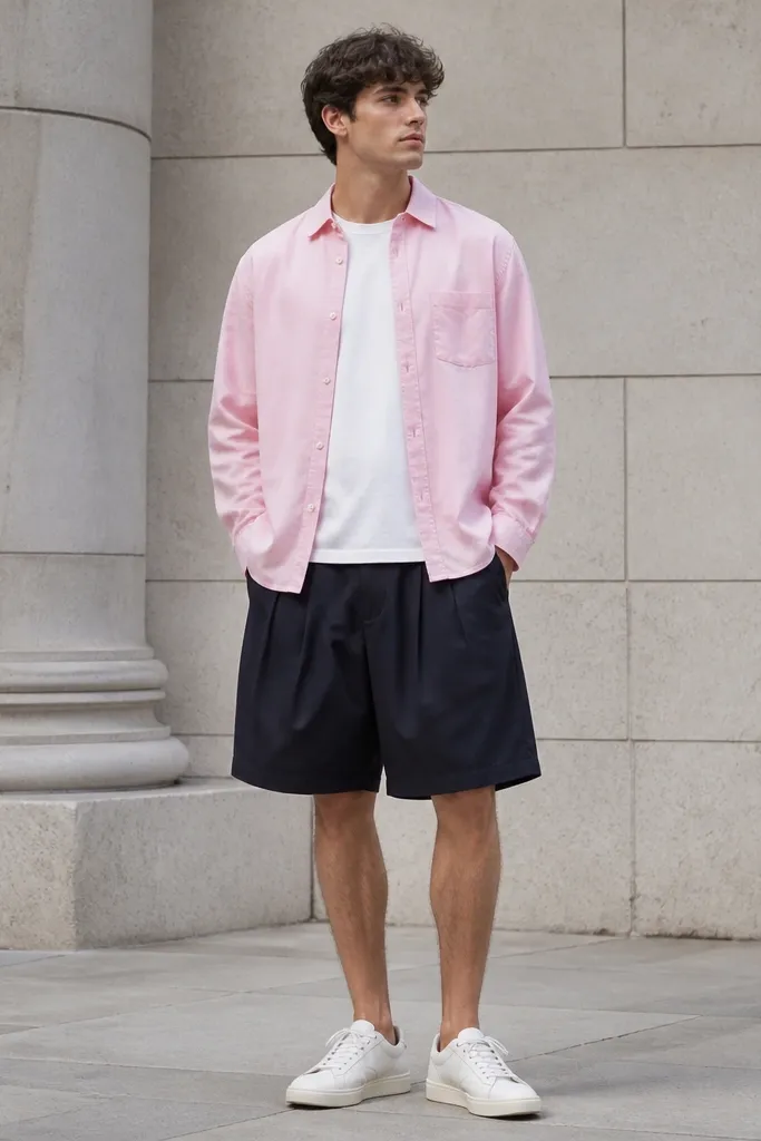 Pink overshirt over white tee with navy pleated baggy shorts and white sneakers