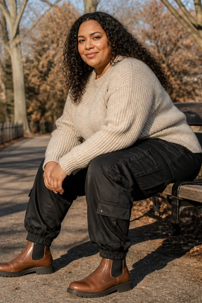 Black cargo trousers with oversized knit sweater and Chelsea boots