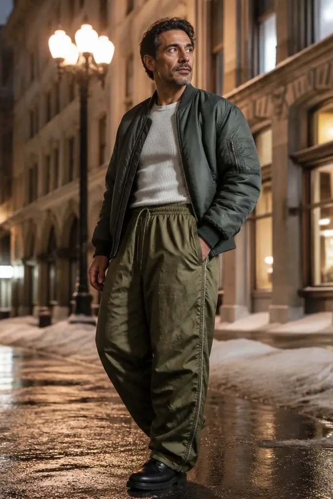 Olive parachute pants with fitted thermal and oversized bomber jacket