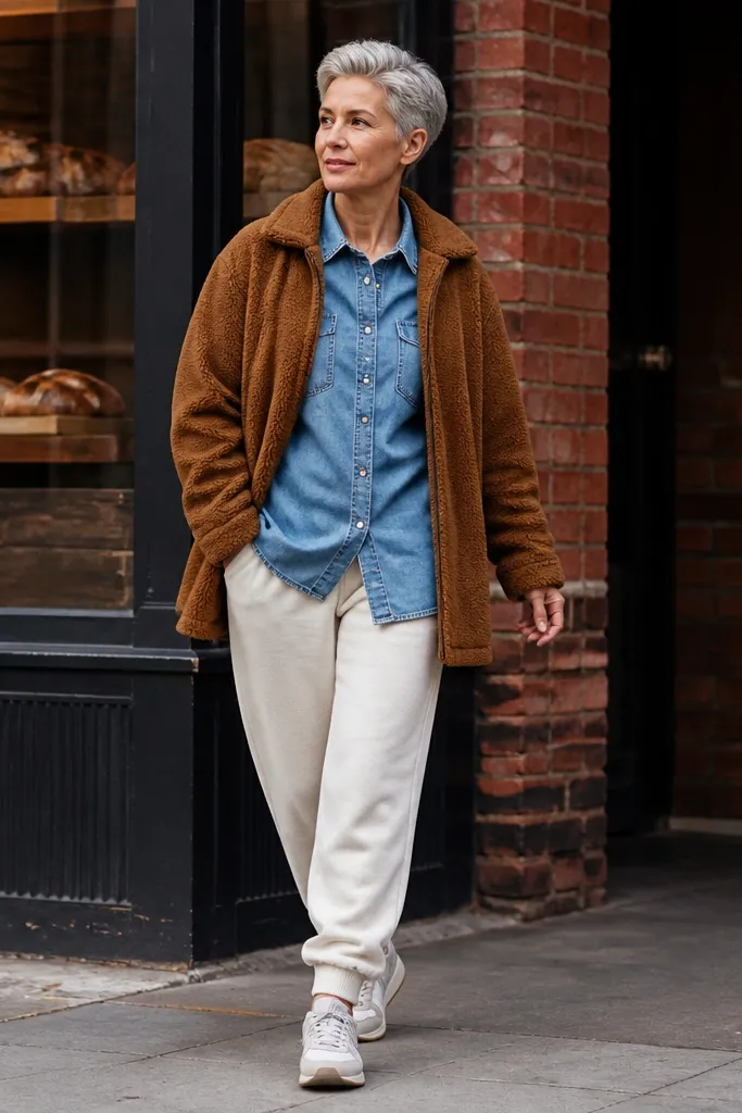 Blue oversized denim shirt with cream sweatpants and brown shearling jacket