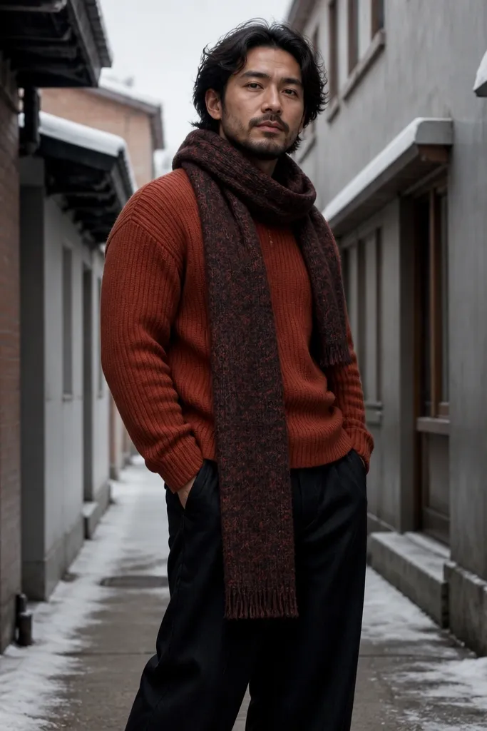 Rust ribbed knit sweater with black wide-leg trousers and long scarf