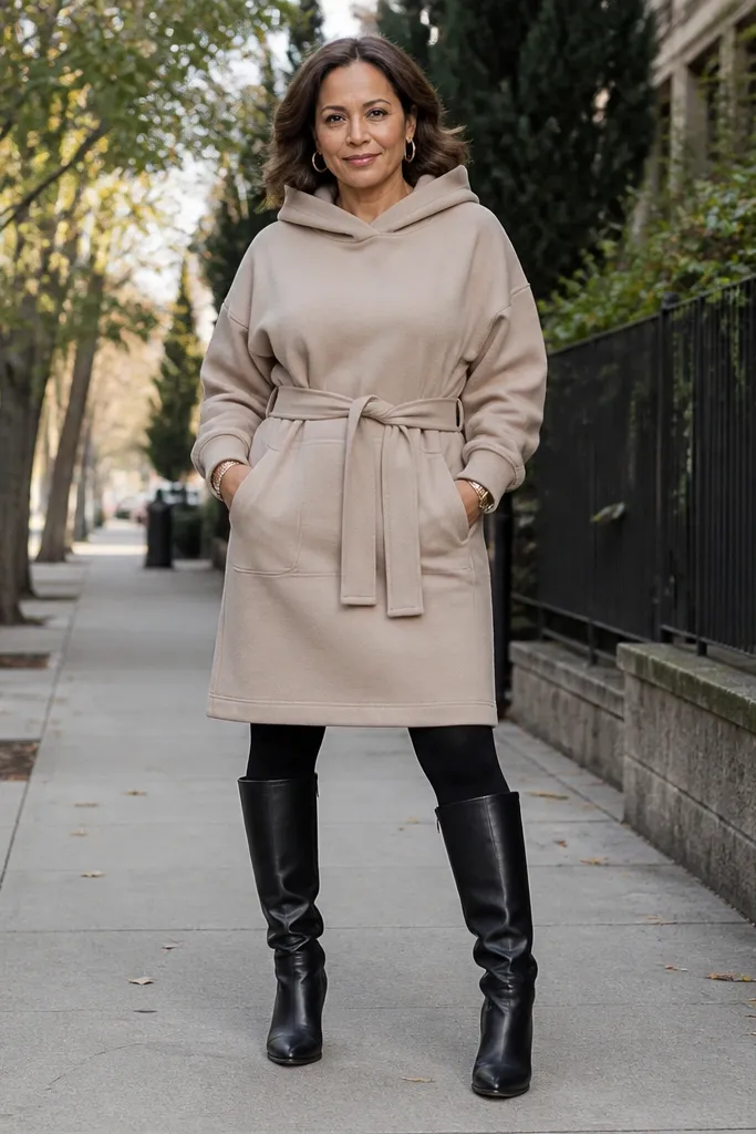 Sand hoodie dress over leggings with knee-high boots
