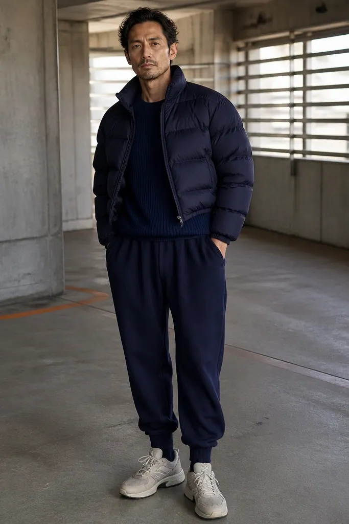 Navy knit top with baggy sweatpants and cropped puffer jacket