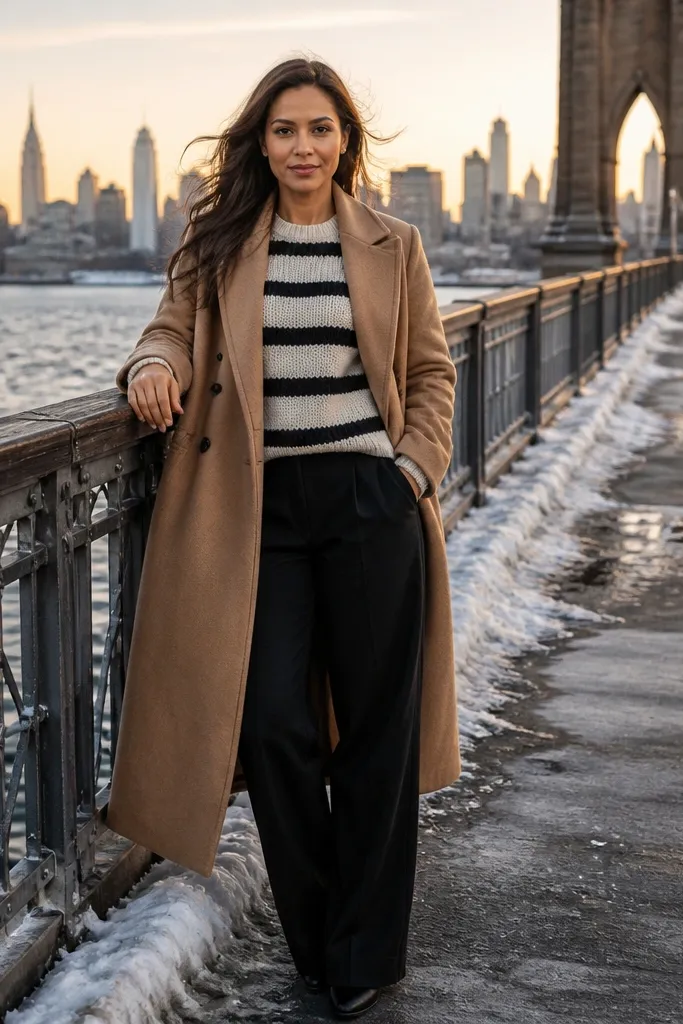 Camel overcoat over an oversized striped sweater with black baggy pants