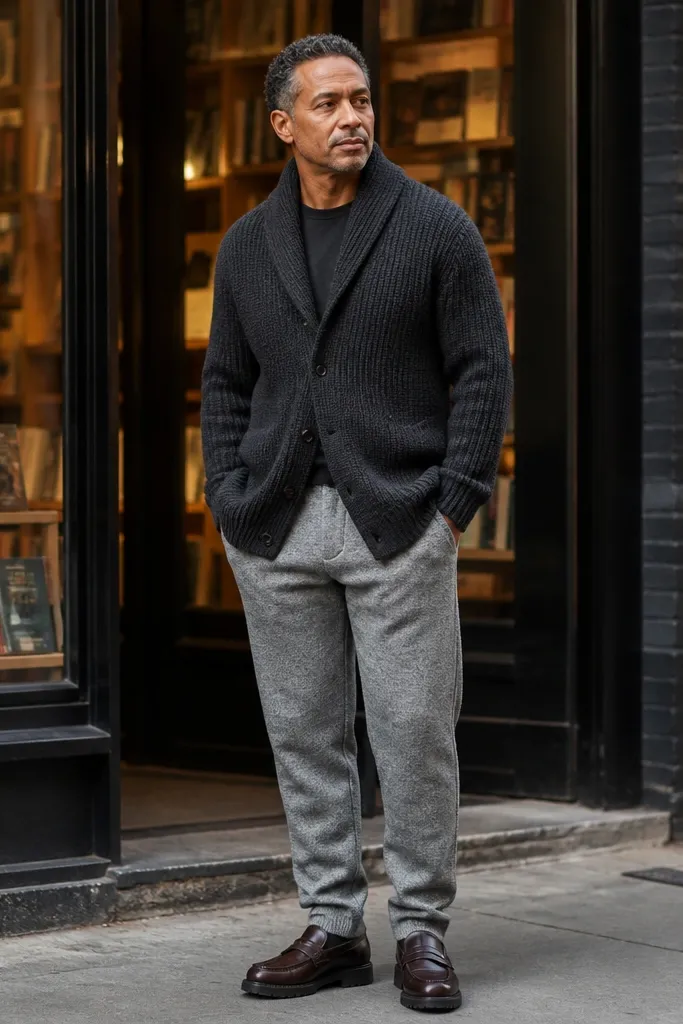 Grey marl sweatpants with long cardigan and chunky loafers