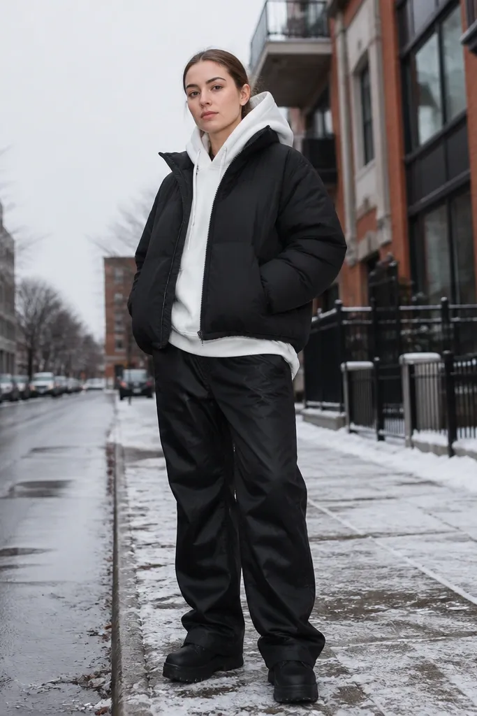 White oversized hoodie with black parachute pants and black puffer jacket