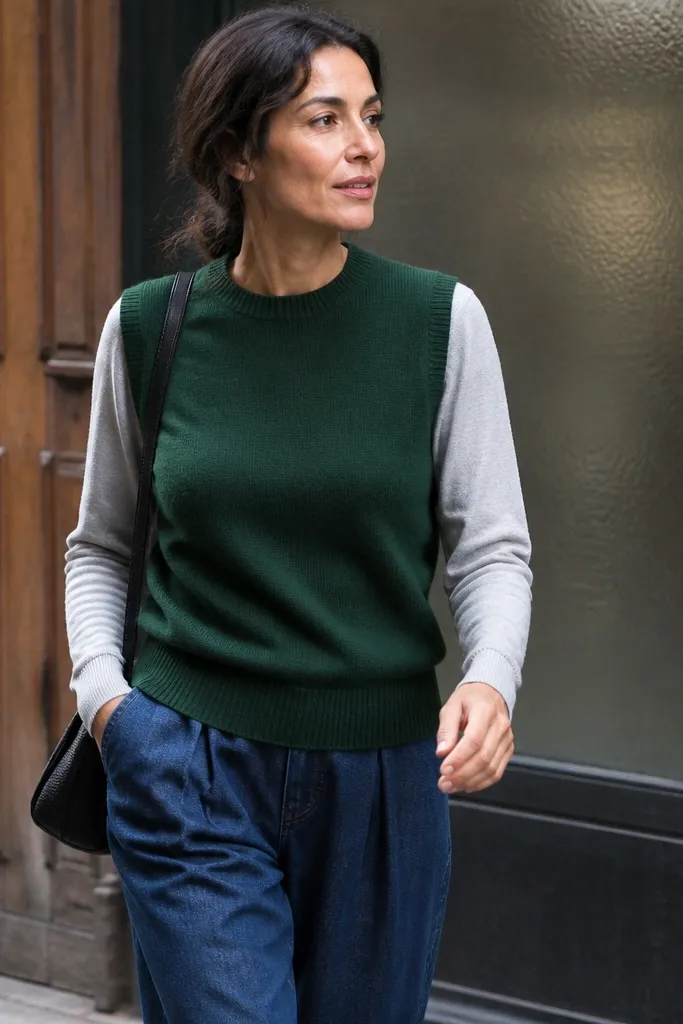 Forest green sweater vest over long-sleeve tee with baggy denim jeans
