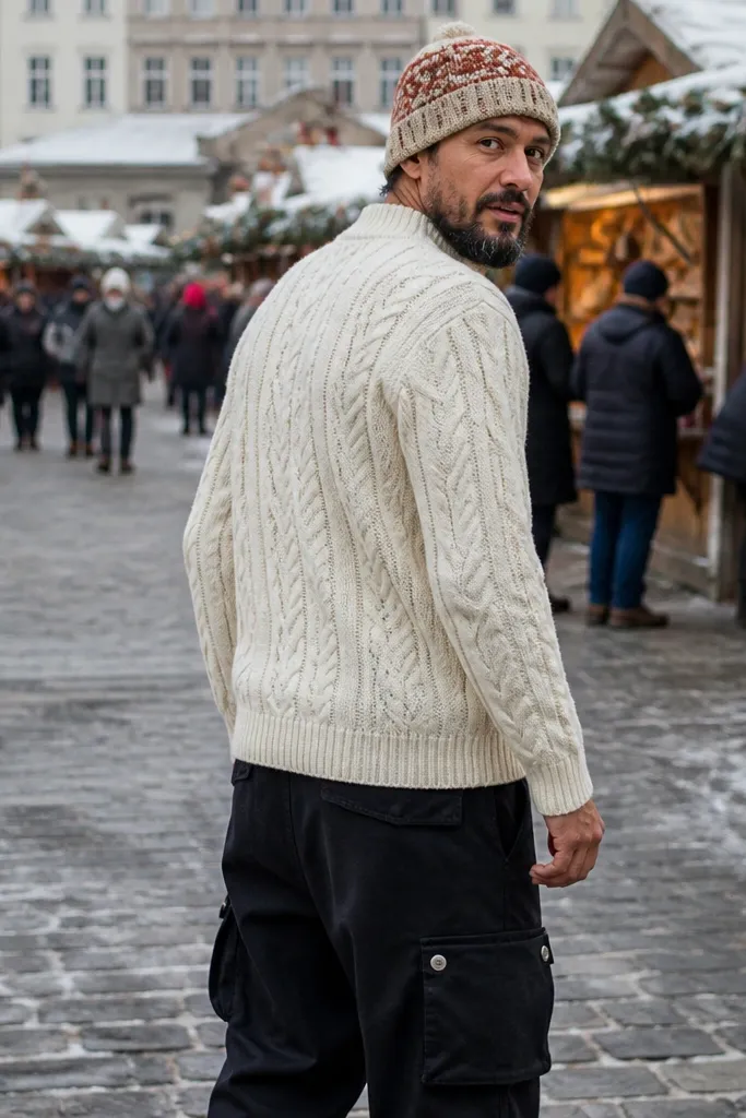 Cream cable sweater with black baggy cargos and patterned knit beanie