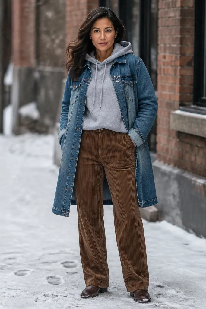Brown corduroy pants with grey hoodie and long denim jacket