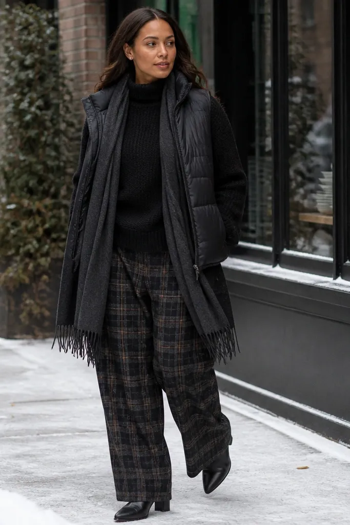 Black turtleneck with oversized plaid trousers and a puffer vest