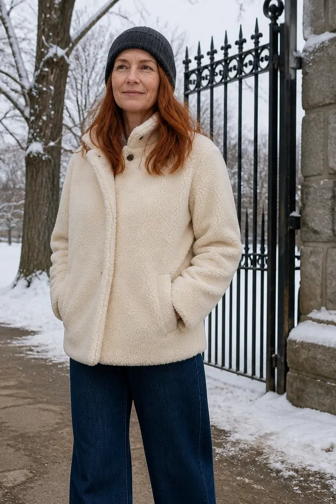 Cream sherpa jacket with wide-leg jeans and knit beanie