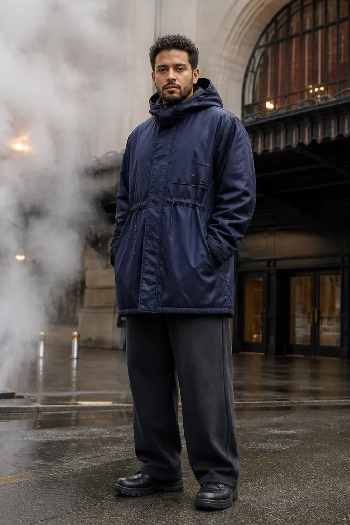 Navy parka with drawstring waist and oversized sweatpants