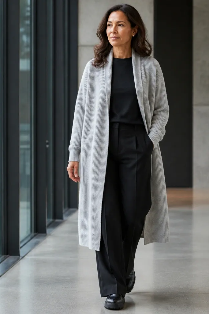Light grey long cardigan with black baggy trousers and loafers