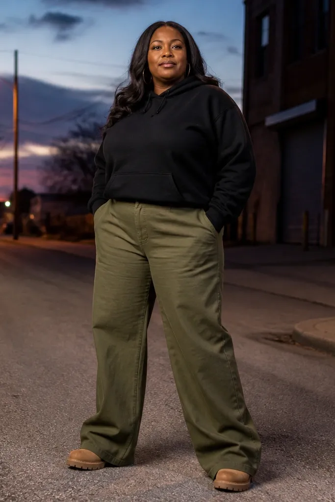 Black hoodie with olive wide-leg trousers and tan work boots