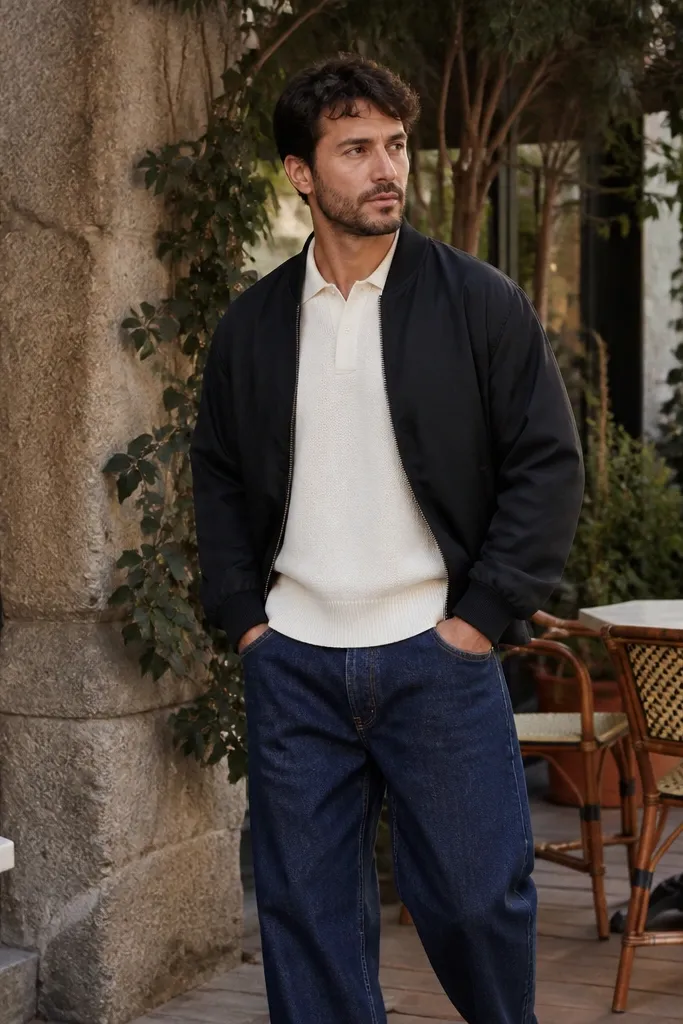 Ivory knit polo with baggy jeans and dark bomber jacket