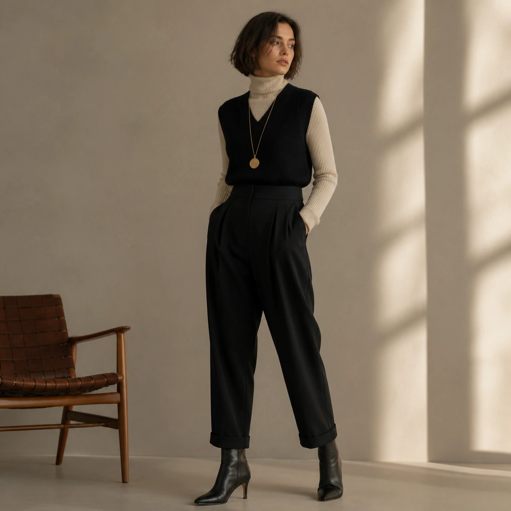 Cream turtleneck fitted under a black sweater vest, worn with high-waisted black pleated trousers. Outfit is styled with heeled ankle boots and a long pendant necklace.