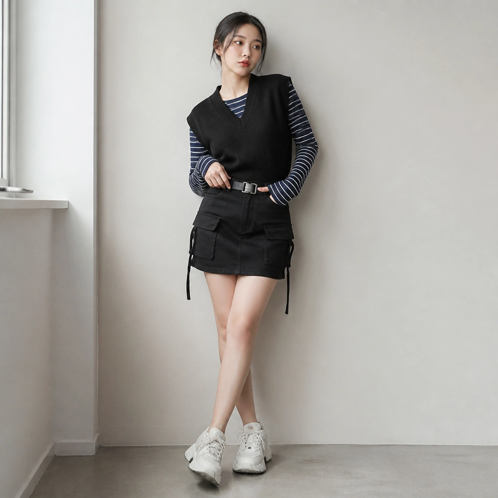 Black sweater vest layered on top of a navy-and-white striped long-sleeve tee. Model wears a black cargo mini skirt with a belt, plus chunky white sneakers.
