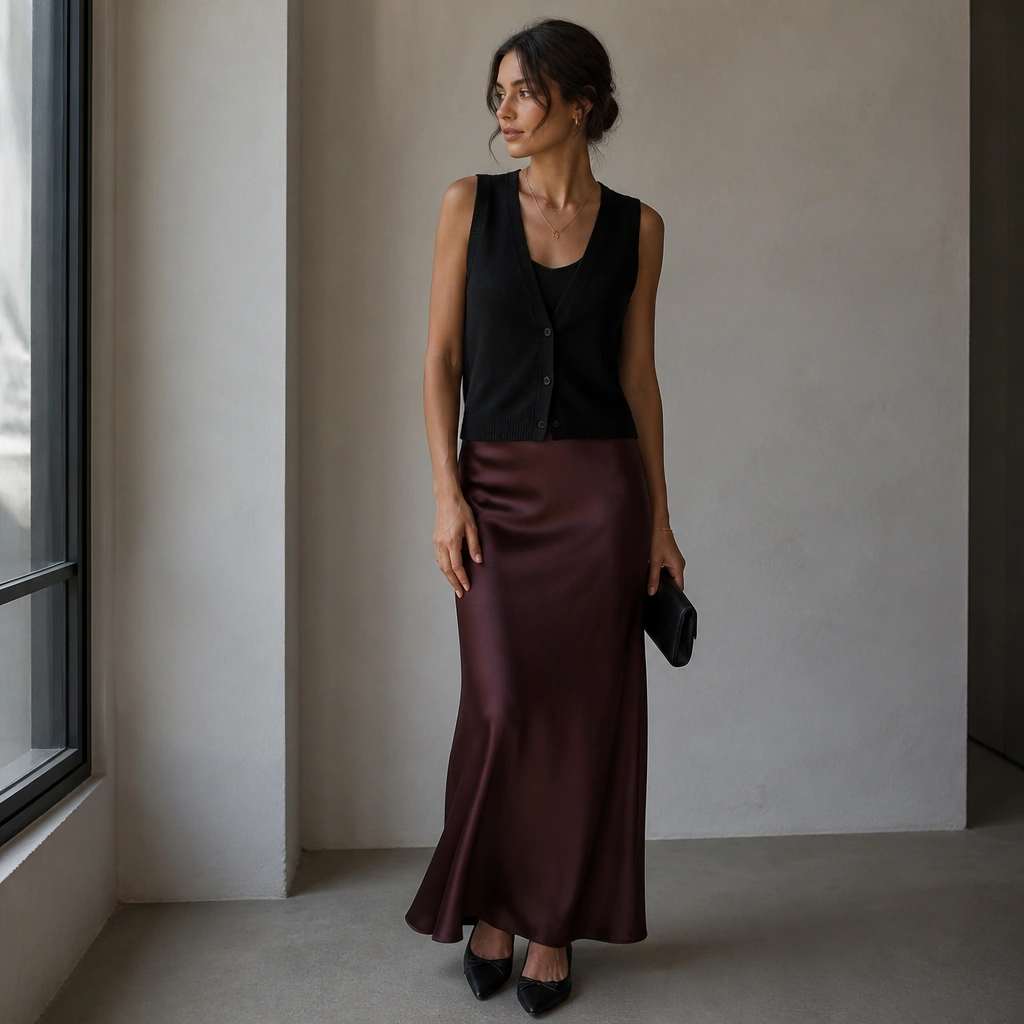 Black sweater vest worn over a fitted black camisole, paired with a silky satin slip skirt in deep burgundy. Pointed-toe flats, delicate layered necklaces, and a small clutch.