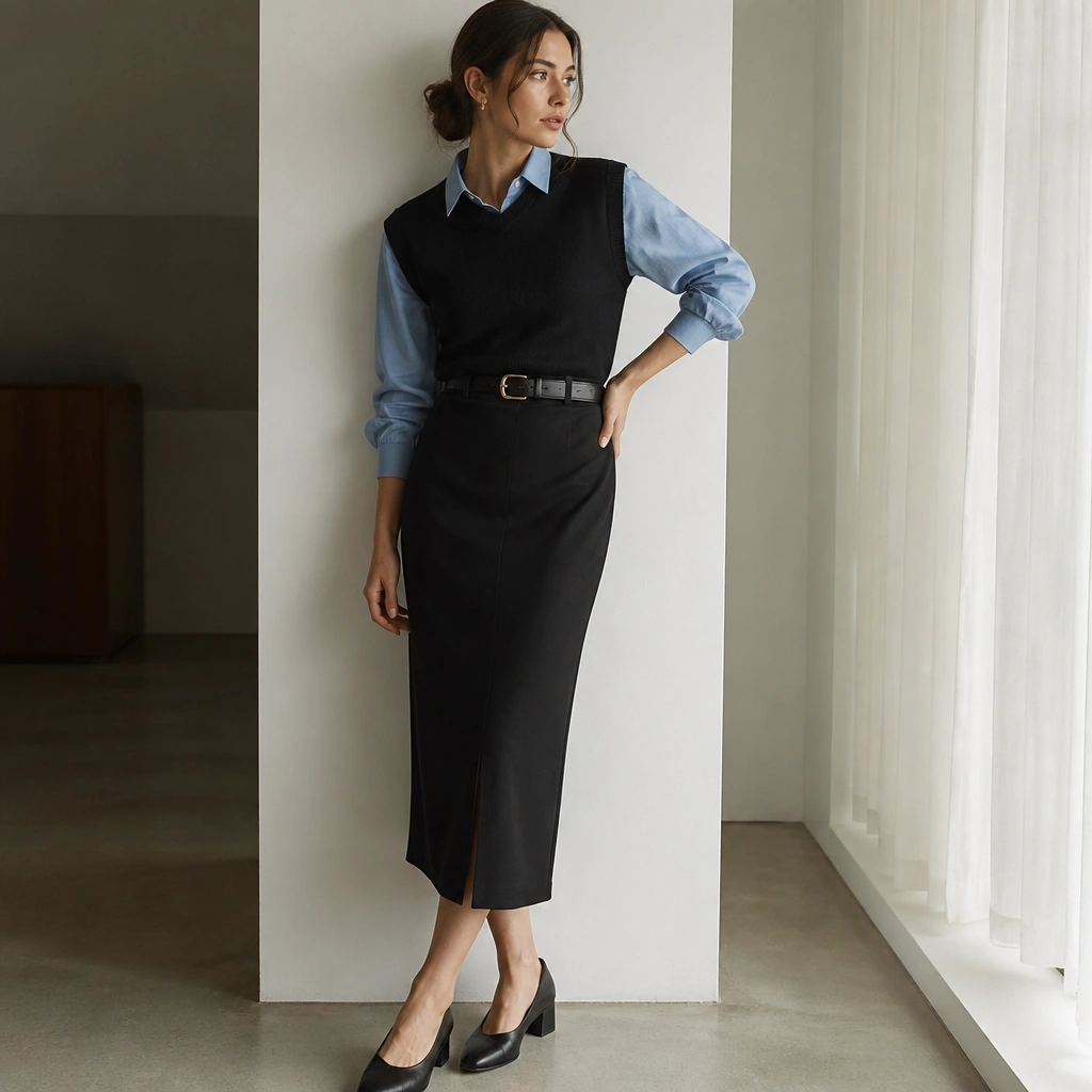 Light blue chambray button-up under a black sweater vest, tucked into a black midi pencil skirt. Outfit includes a structured belt and low block heels.