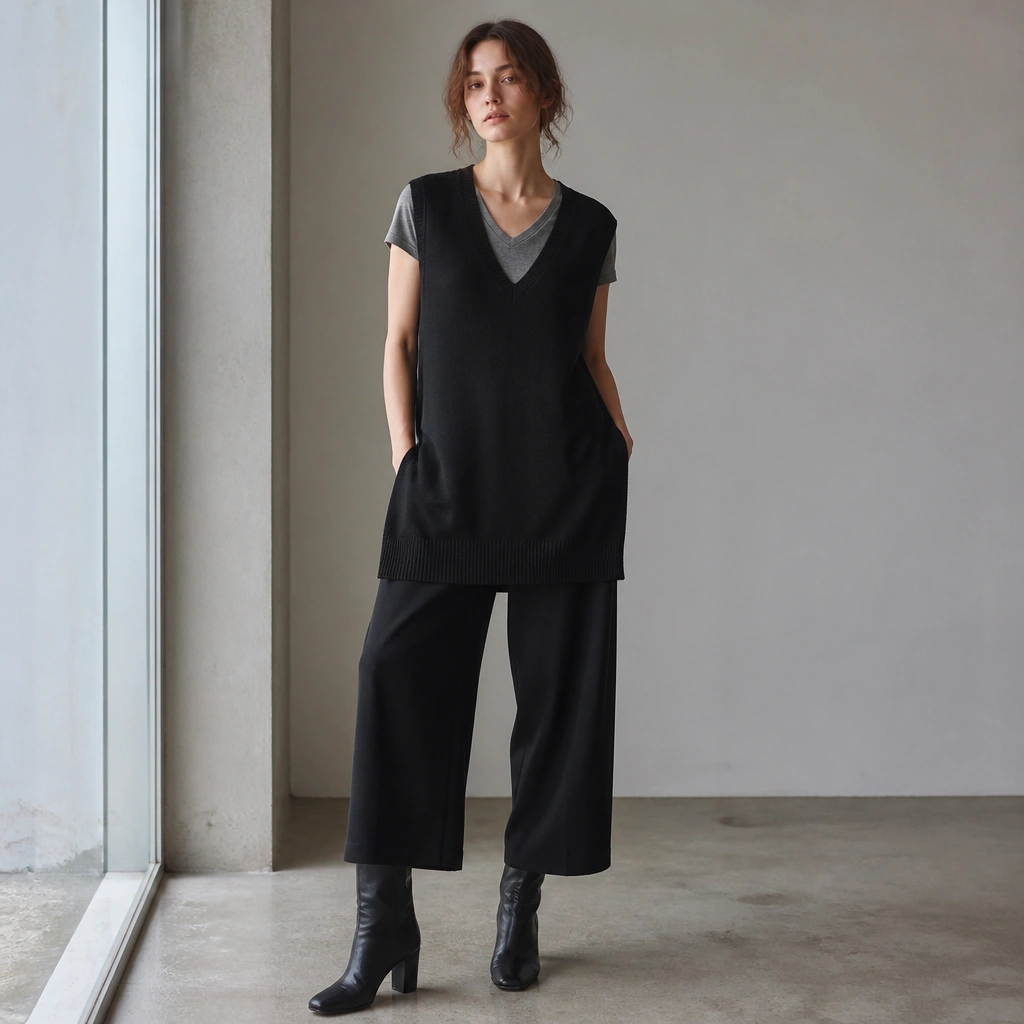 A longer black sweater vest layered over a fitted heather-gray V-neck tee. Wide-leg black trousers and tall leather boots. The camera angle shows vertical lines and length.