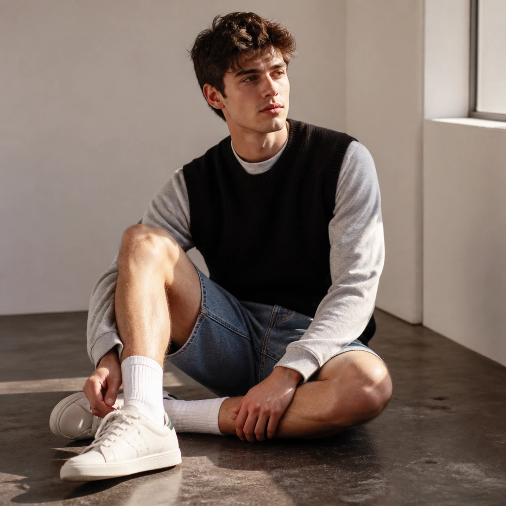 Black sweater vest over a thin gray crewneck sweatshirt, worn with medium-wash denim shorts. White ankle socks and low-top sneakers.
