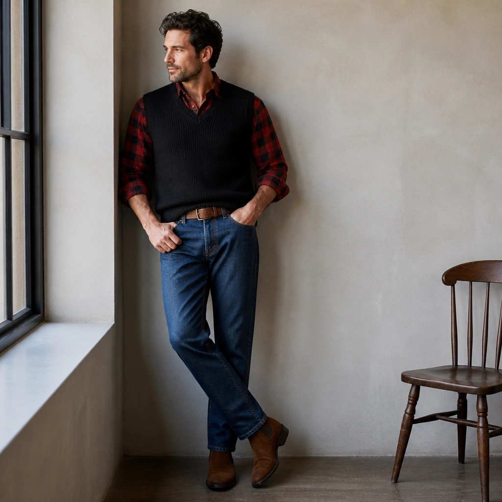 Red-and-black flannel layered under a black sweater vest, tucked into straight-leg blue jeans. Brown leather belt and suede ankle boots.