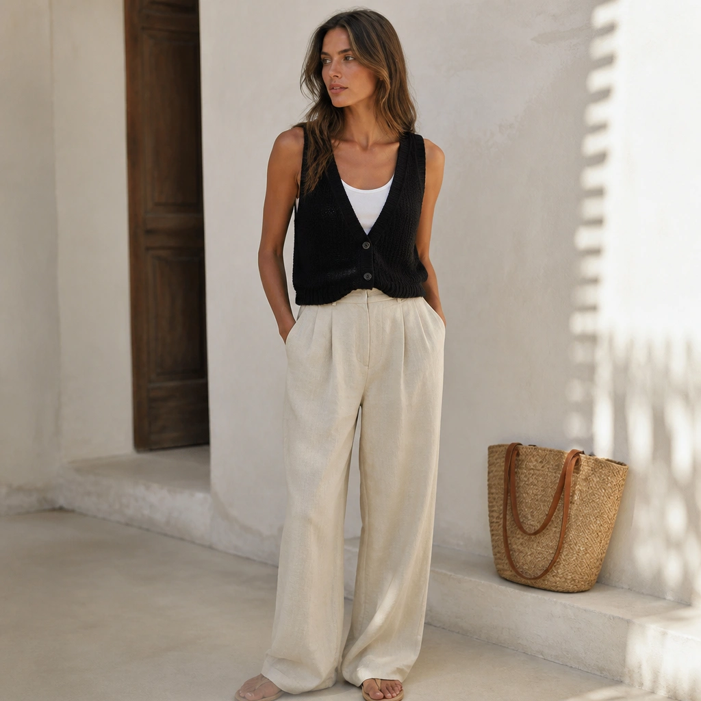 Black sweater vest over a simple white tank, styled with high-waisted light beige linen pants. Natural sandals and a straw tote in the background.
