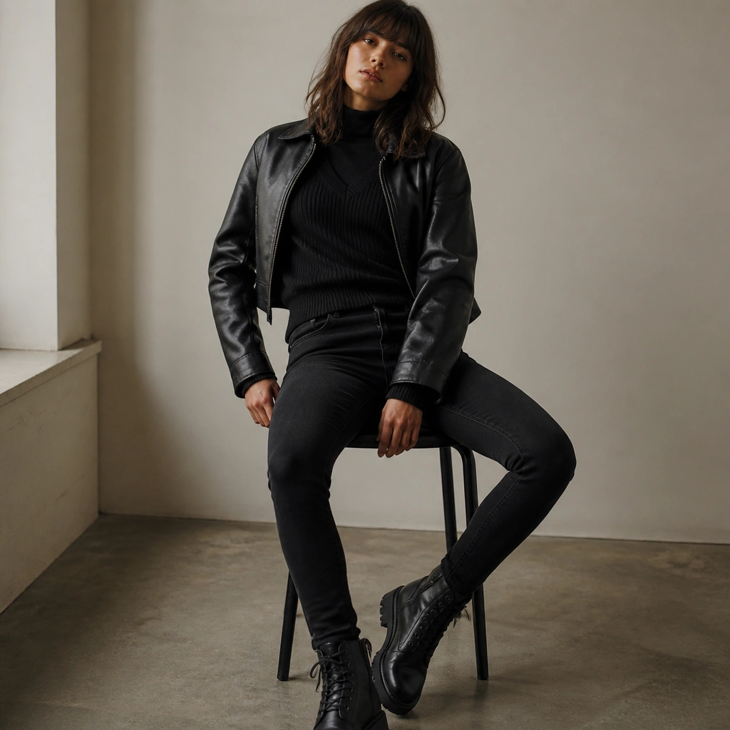 A ribbed black sweater vest over a black long-sleeve top, layered under a cropped black leather jacket. Black skinny jeans and combat boots.