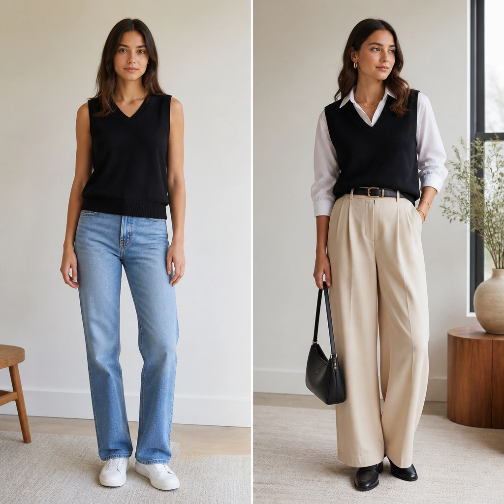 Before and After Black Sweater Vest Outfit Transformations