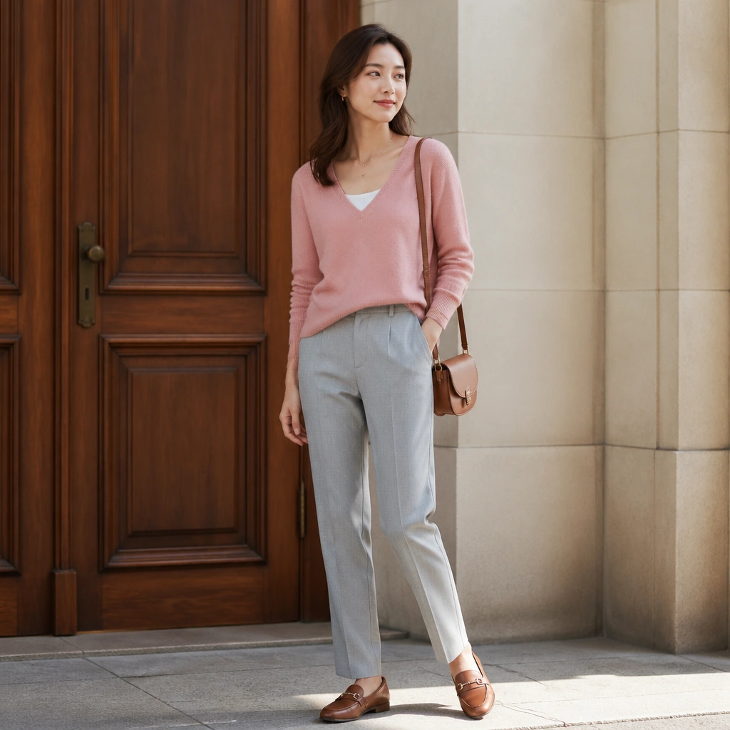 A rose pink V-neck sweater layered over a white camisole, paired with light gray tailored trousers and brown leather loafers; minimal jewelry and a small crossbody bag.