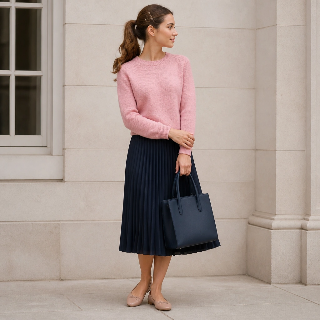 A bubblegum pink knit sweater worn with a navy pleated midi skirt; nude ballet flats, a navy structured tote, and a ponytail with a thin hair clip.