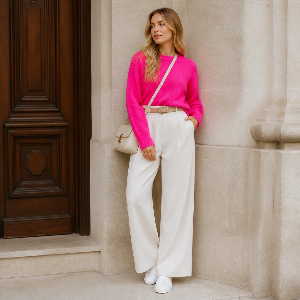 A bright hot pink sweater paired with cream wide-leg trousers; tan belt, cream crossbody, and white sneakers with a clean, low profile.