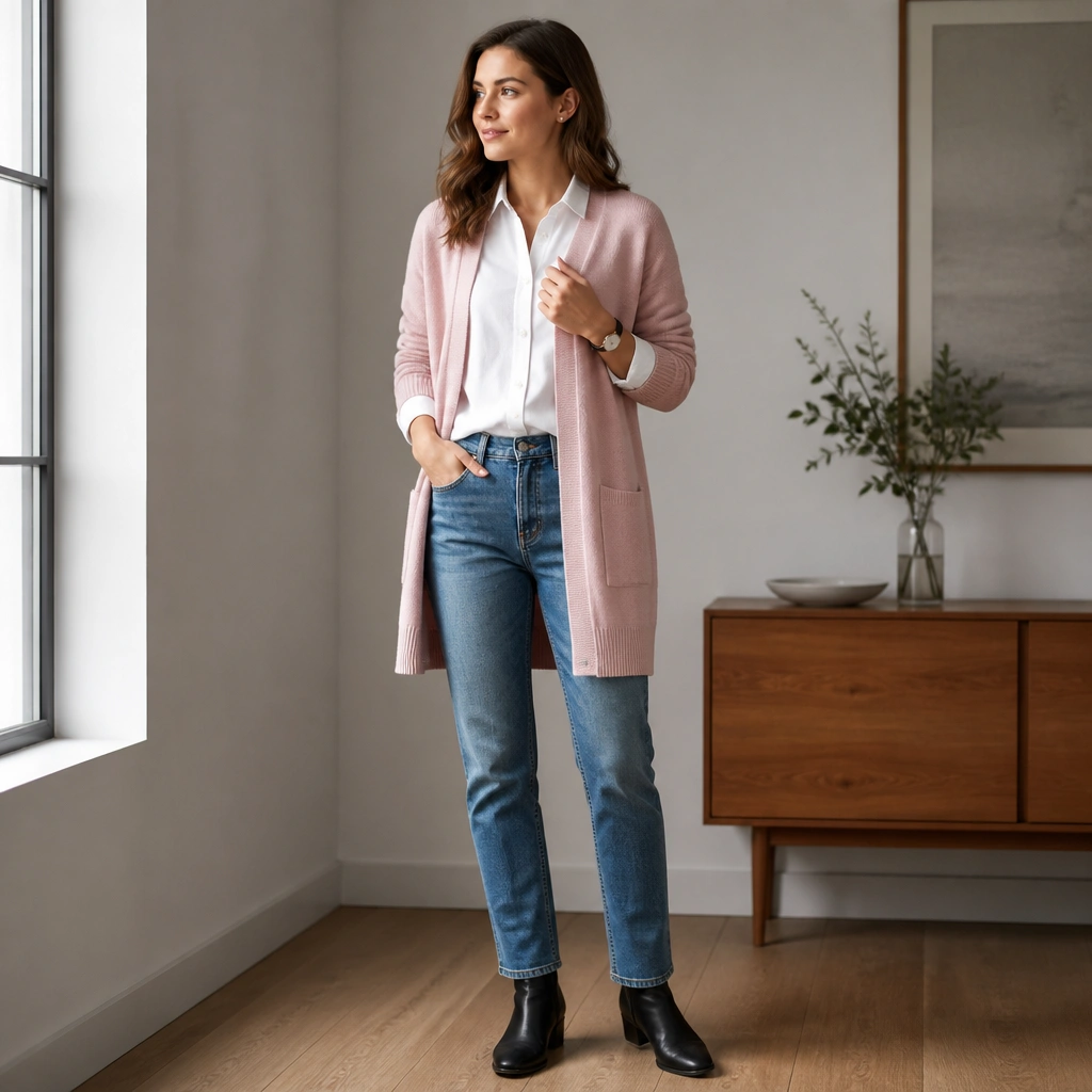 A light pink cardigan worn open over a crisp white button-down; straight-leg medium-wash jeans and black ankle boots; a watch and small stud earrings.