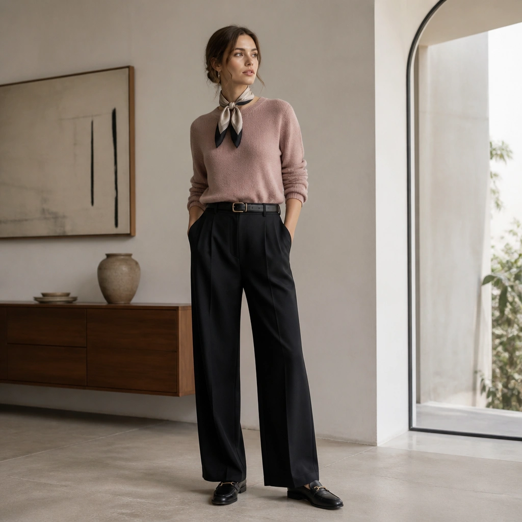 A dusty pink sweater tucked into black wide-leg slacks; a small silk scarf tied at the neck, black loafers, and a sleek belt.