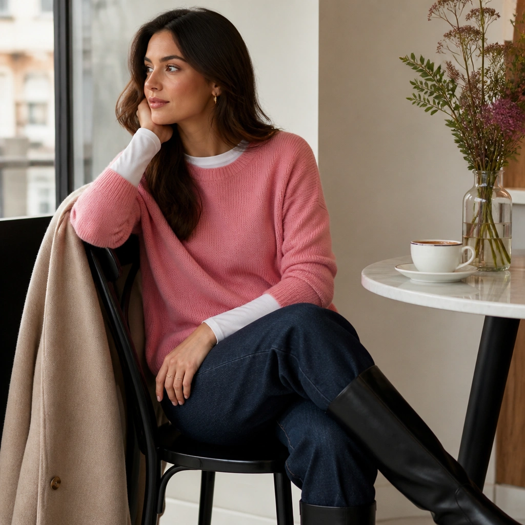 A strawberry pink sweater over a white long-sleeve layer; dark wash straight jeans and black knee-high boots; a tan coat draped over the chair.