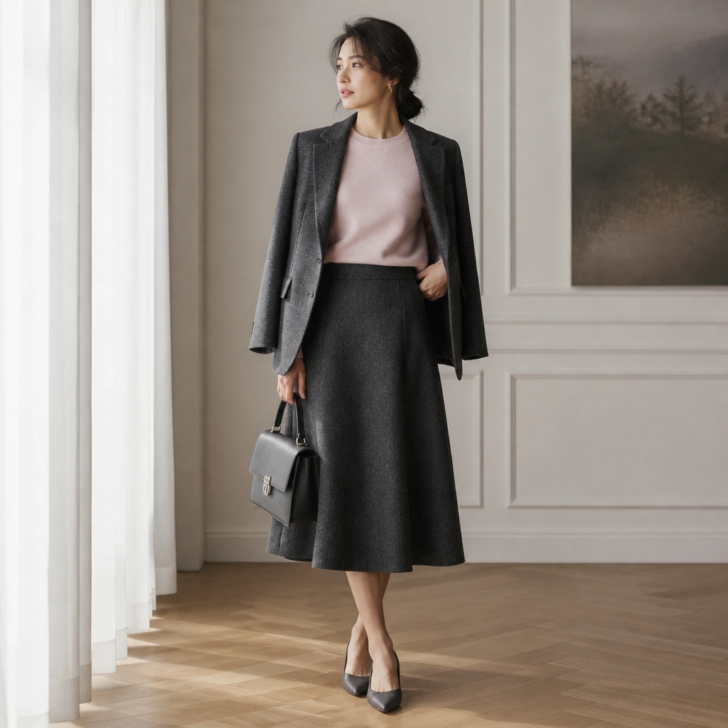 A light pink sweater worn with a charcoal gray wool skirt; matching gray blazer hanging open, pointed-toe flats, and a structured handbag.