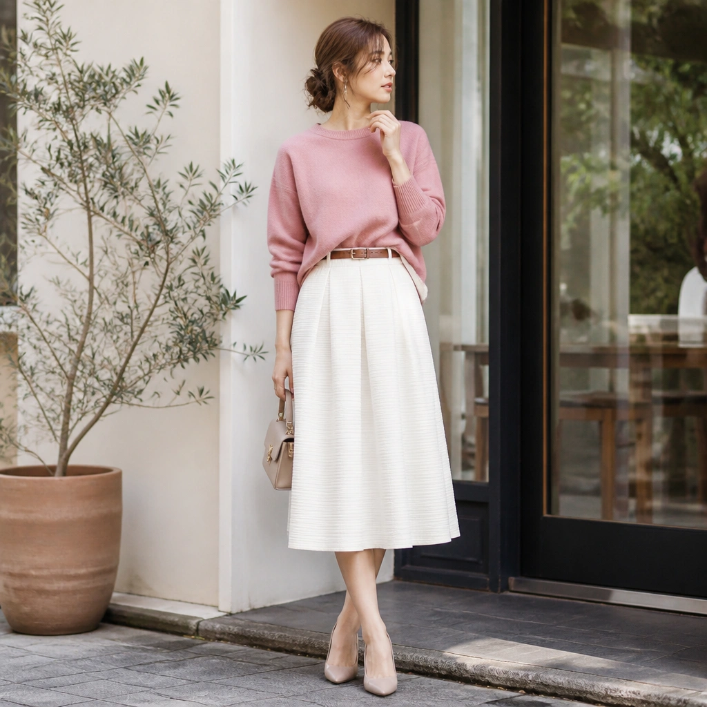 A rose pink sweater partially tucked into a white midi skirt with a subtle texture; red-brown belt, nude heels, and a compact handbag.