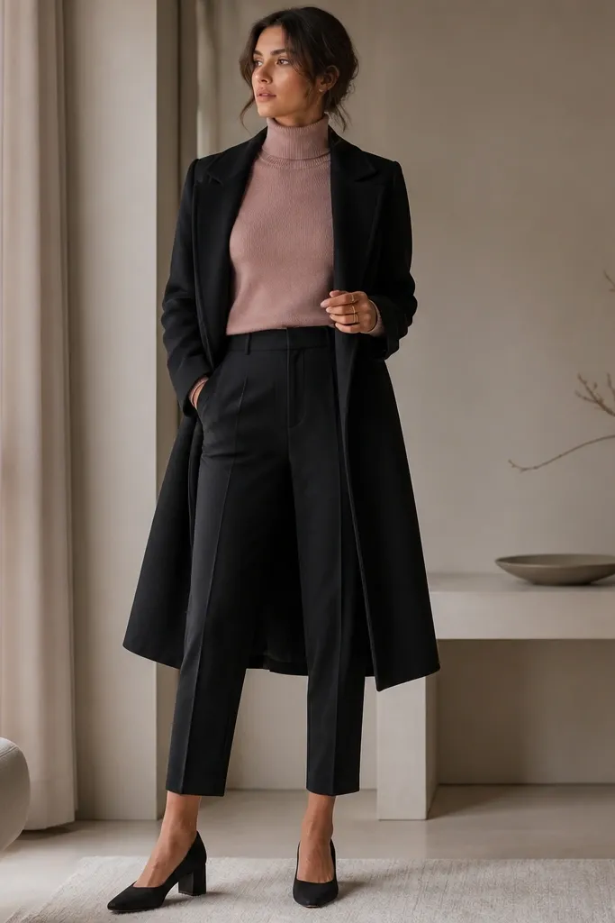 A dusty pink turtleneck sweater tucked into black ankle trousers; black block-heel pumps, a longline coat, and minimal gold rings.