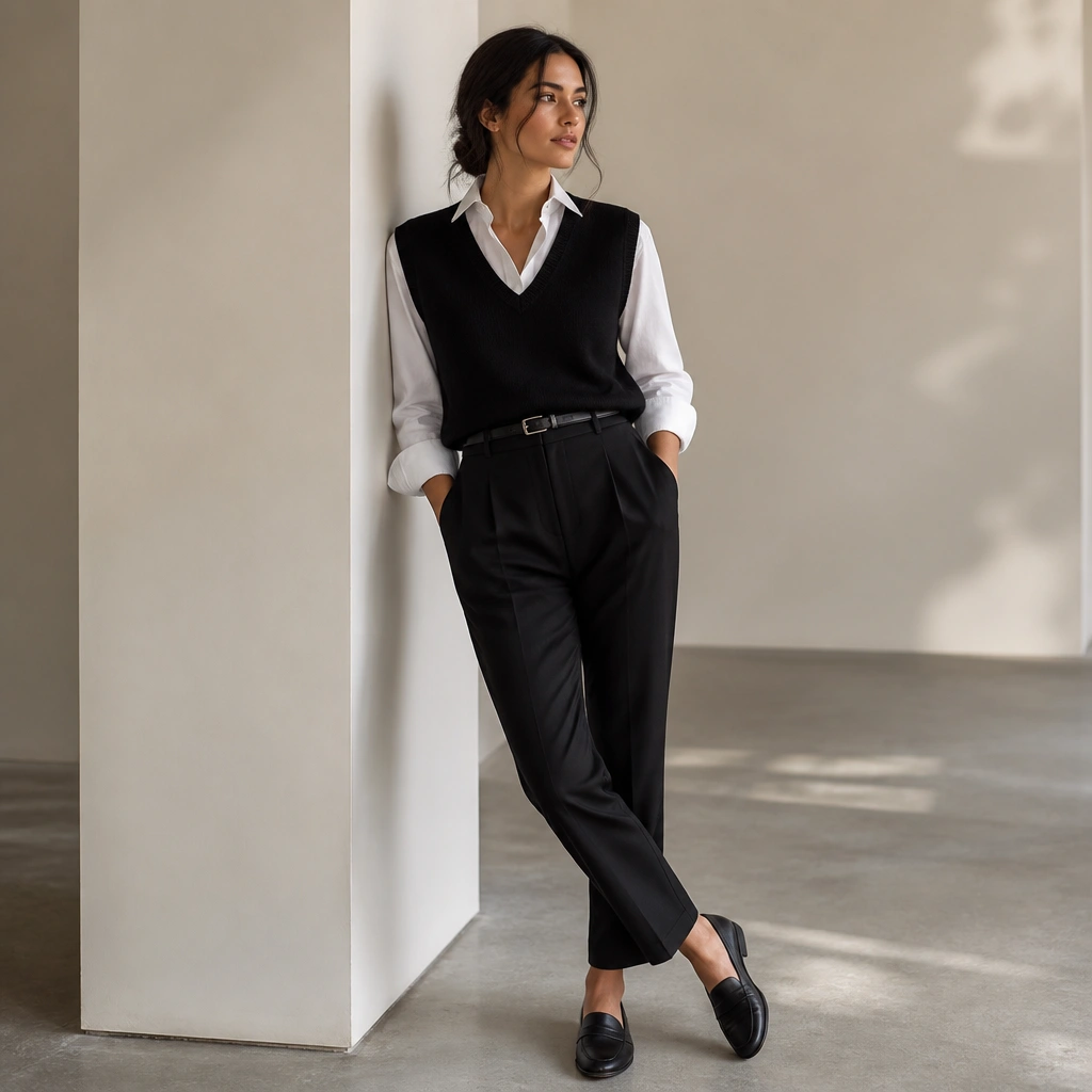 A crisp white button-down worn open at the collar with a black sweater vest layered over it. The look pairs with high-waisted black tapered trousers and a slim belt, plus black loafers.