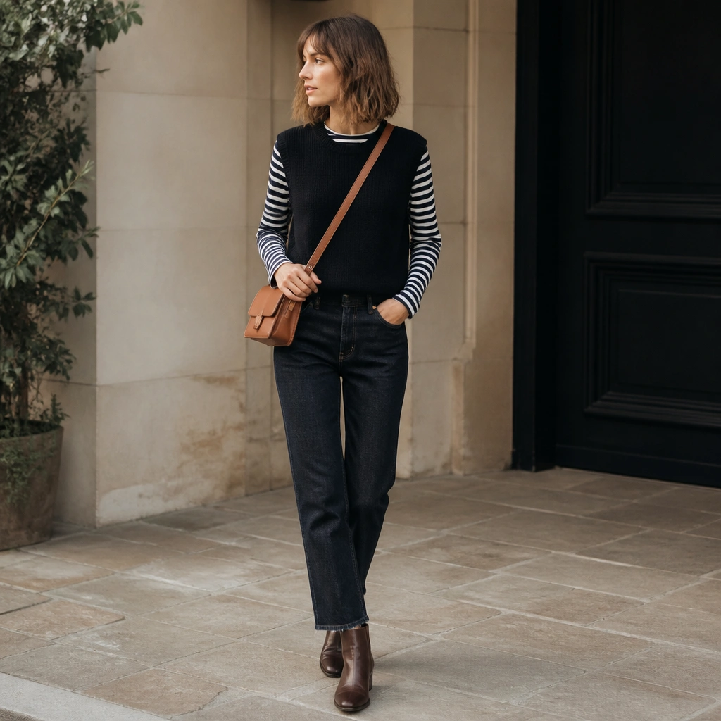 A black sweater vest layered over a navy-and-white striped long-sleeve tee. The outfit includes dark indigo jeans, a tan leather crossbody, and brown ankle boots.