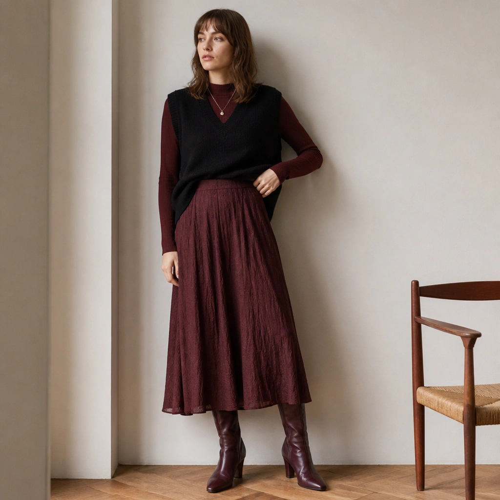 A deep burgundy knit top tucked into a flowing midi skirt with subtle texture. A black sweater vest sits layered across the torso, styled with burgundy heeled boots and a small silver pendant necklace.