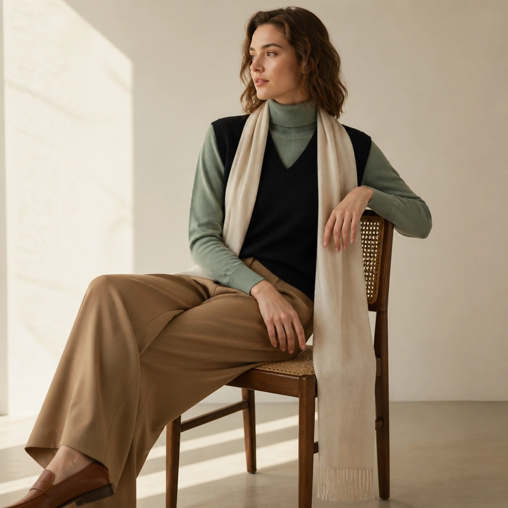 A sage green turtleneck with a black sweater vest layered on top. The outfit pairs with camel wide-leg trousers, a cream scarf, and light brown loafers.