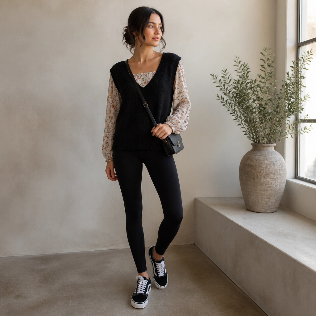 A floral square-neck top peeking out under a black sweater vest. The outfit pairs with black leggings and black-and-white sneakers, plus a crossbody bag.