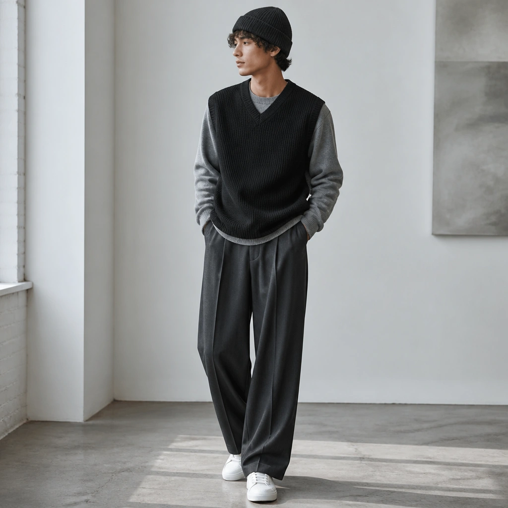 A medium-gray crewneck sweater worn under a black sweater vest. The pants are wide-leg and charcoal, styled with white sneakers and a knit beanie.