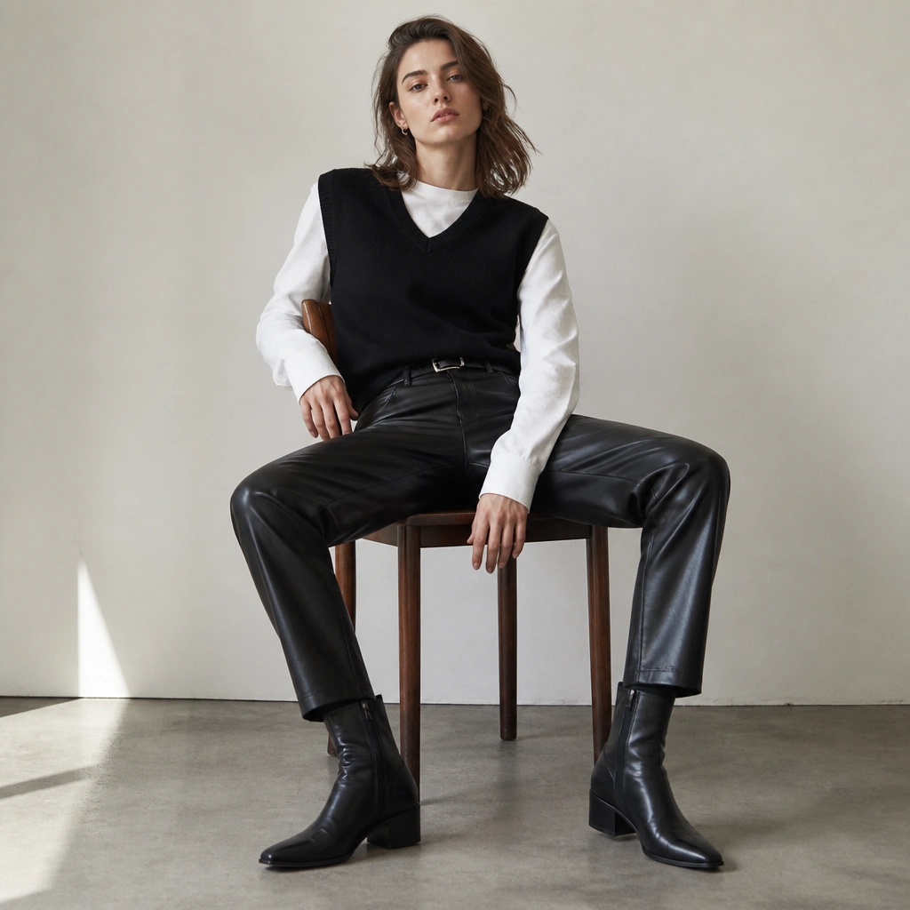 A white long-sleeve tee layered under a black sweater vest. The look is finished with black leather-look pants, a belt, and sleek ankle boots.